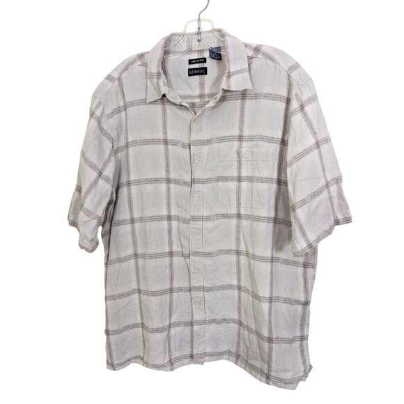 George Shirt Linen Blend Shirt Men Size XL Beige Check Short Sleeve Button Front - Picture 1 of 3